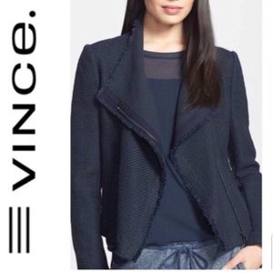 Vince frayed edge asymmetric zip jacket. Navy.